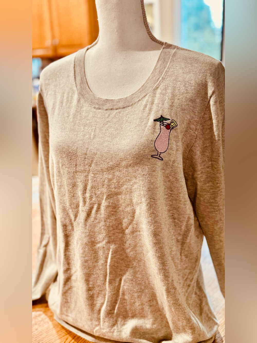 J. Crew Beige Long-Sleeve Sweatshirt with Pink Cocktail Embroidery